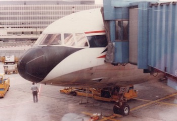 Delta Air Lines Lockheed L-1011-500 TriStar, Registration N751DA, at the gate at the Frankfurt, Germany Airport, August 1982